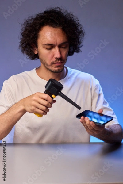 Fototapeta The Innovative Smartphone Cleaning Device is Being Demonstrated During Use and Functionality