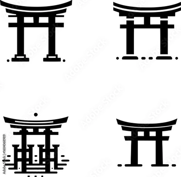 Obraz set of four minimal black and white vector icon of a torii gate symbol, bold lines and traditional sacred japanese style