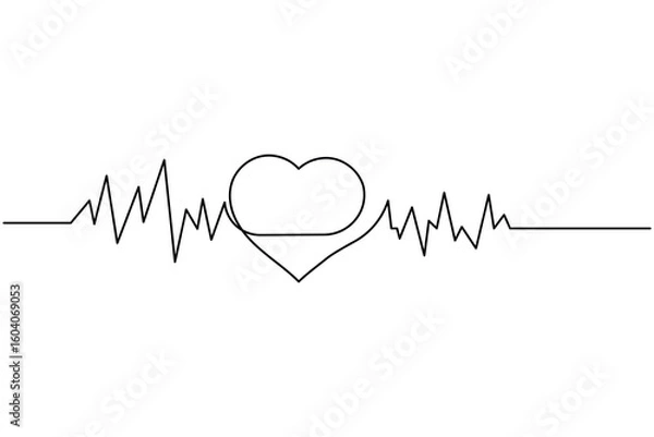 Obraz Heartbeat with heart continuous one line drawing on white background isolate outline vector illustration