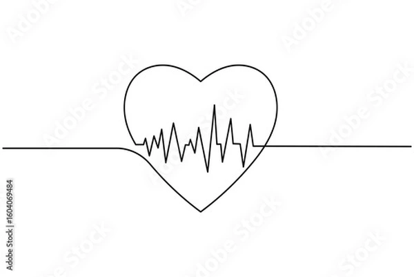 Obraz Heartbeat with heart continuous one line drawing on white background isolate outline vector illustration