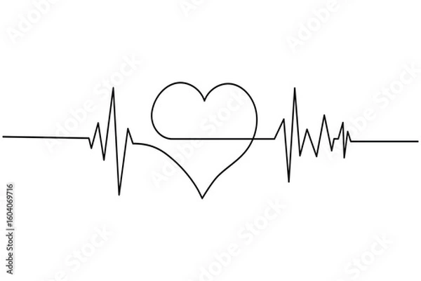 Obraz Heartbeat with heart continuous one line drawing on white background isolate outline vector illustration