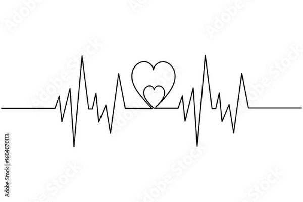 Obraz Heartbeat with heart continuous one line drawing on white background isolate outline vector illustration