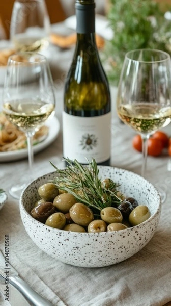 Fototapeta Still life with bottle of white wine, two glasses, and bowl of olives on marble, creating an elegant Mediterranean dining or tasting invitation.