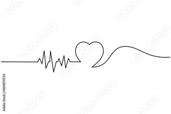 Obraz Heartbeat with heart continuous one line drawing on white background isolate outline vector illustration
