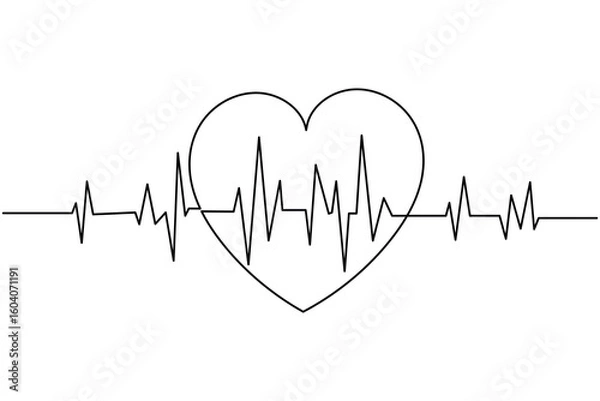 Obraz Heartbeat with heart continuous one line drawing on white background isolate outline vector illustration