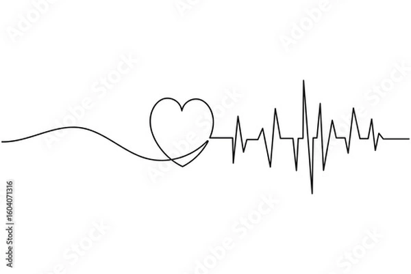 Obraz Heartbeat with heart continuous one line drawing on white background isolate outline vector illustration