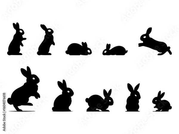 Fototapeta Collection of black rabbit silhouettes in various poses and actions isolated on white background