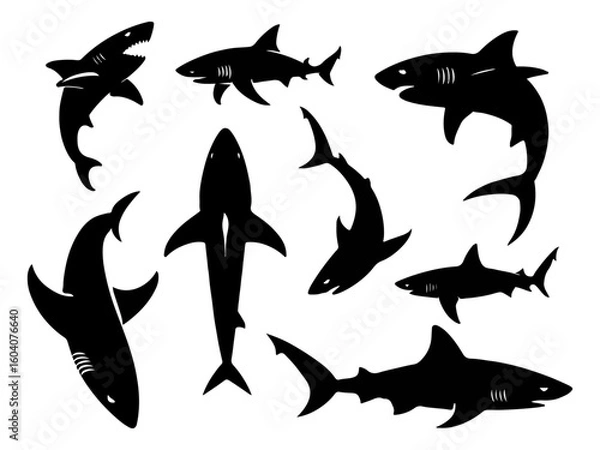 Fototapeta Collection of diverse shark silhouettes in various dynamic poses and perspectives isolated on white background