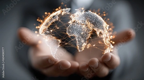 Fototapeta Businessman presenting global network illustration representing international markets, data flow, and digital reach