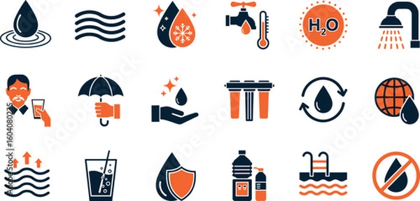 Fototapeta Water concept editable stroke outline icons set isolated on white background flat vector illustration