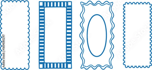 Fototapeta Wavy edge and checkerboard frame box vector illustration isolated on white. Squiggle curve doodle rectangle and oval sketch