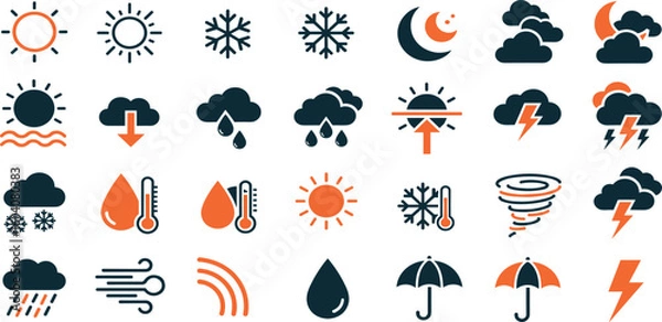 Fototapeta Weather and meteorology editable stroke outline icons set isolated on white background flat vector illustration.