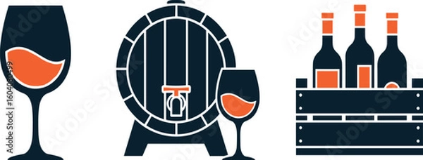 Fototapeta Wine glass, barrel and wooden crate box editable stroke outline icons set isolated on white background flat vector illustration.