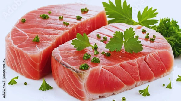 Fototapeta Chef’s Selection: Fresh Tuna Steaks with Parsley Garnish – Fine Dining Seafood Presentation for Culinary Art and Recipe Design.