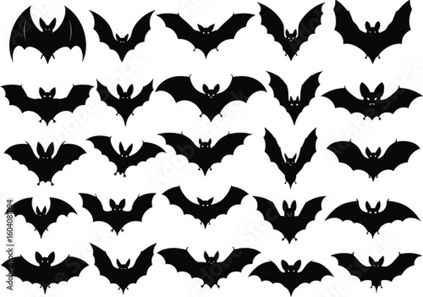 Fototapeta A collection of black silhouette flying bats with outstretched wings in various dynamic poses against a white background