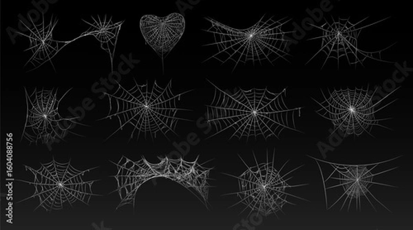 Fototapeta Halloween old spooky cobweb with various sizes and shapes. Old spider web set vector illustration dark gothic decoration for holidays. Corner spider net insect thread cobweb scary frames.