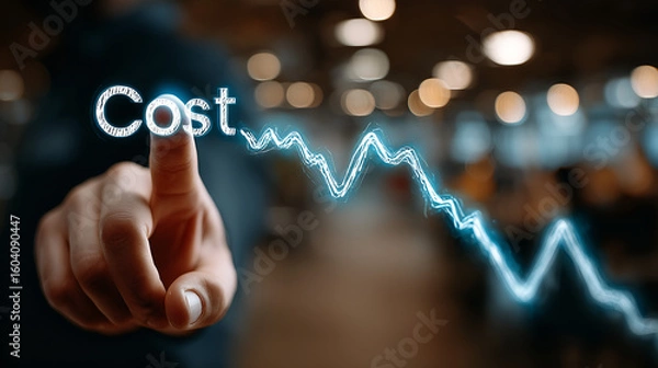 Fototapeta Cost Reduction and Financial Analysis: An image of a person's finger pointing towards the word Cost with a downward trending graph in a business environment.