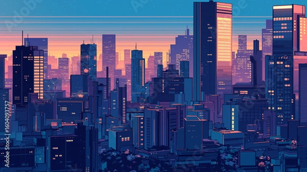 Fototapeta 真夜中の都市高層ビル街が放つ静かな輝きをアニメ調で表現した幻想的な風景イラスト｜深夜｜都会｜ネオン｜ノスタルジー｜昭和｜シティポップ風｜背景素材に最適なレトロタッチの夜景アート