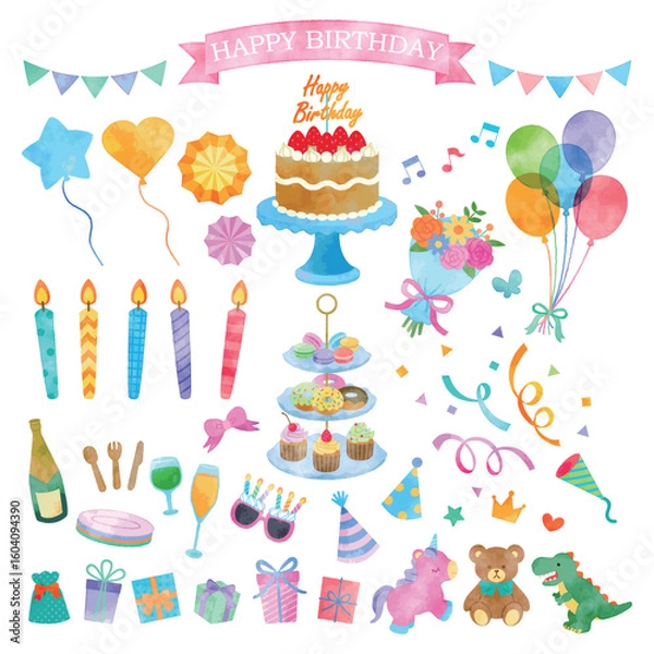 Obraz バースデーパーティーイラストセット　手描き水彩風