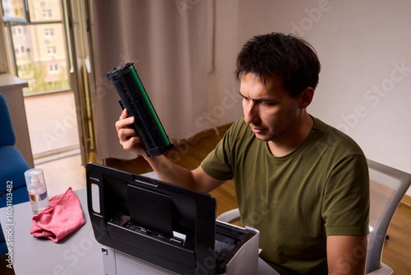 Fototapeta A person meticulously assembling a printer within a brightly lit and organized workspace
