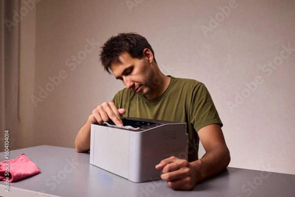 Fototapeta A focused man cleaning a device with a cloth for proper maintenance and cleanliness