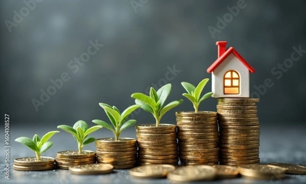 Obraz A miniature house sits atop a stack of gold coins, symbolizing financial growth and investment in real estate.  Surrounding it are small plants growing from smaller stacks of coins, visually represent