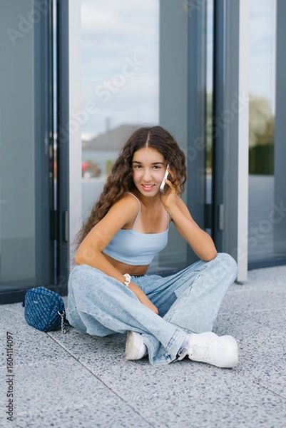 Fototapeta Girl Talking On Smartphone Outdoors