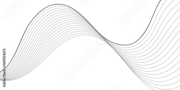 Fototapeta A minimalist abstract design featuring a dynamic, flowing wave pattern composed of thin, parallel lines in shades of gray, creating subtle depth on a clean white background.