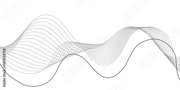 Fototapeta A minimalist abstract design featuring a dynamic, flowing wave pattern composed of thin, parallel lines in shades of gray, creating subtle depth on a clean white background.