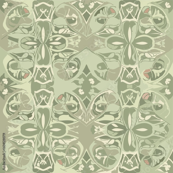Fototapeta Ornate seamless abstract pattern with organic, fluid, and stylized floral shapes in muted green, beige, and subtle pink, conveying a vintage botanical feel.