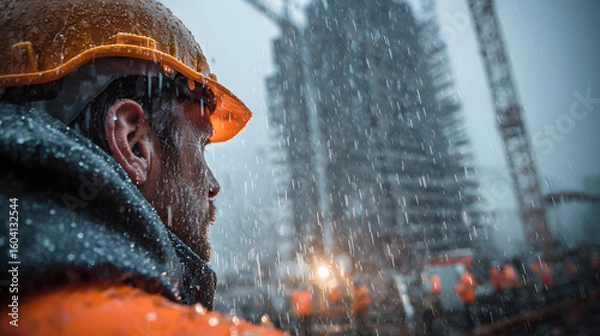 Fototapeta Construction worker safety during thunderstorm heavy rain at building site risk management hd image