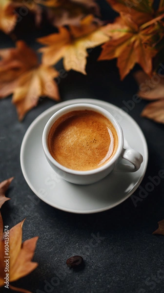 Fototapeta Warm coffee in a white cup surrounded by autumn leaves on a dark surface creating a cozy atmosphere