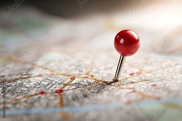 Fototapeta Red location pin marking urban area for travel planning and navigation during city adventures and exploration activities