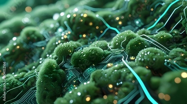 Obraz pulsating moss interwoven with glowing micro-circuitry 