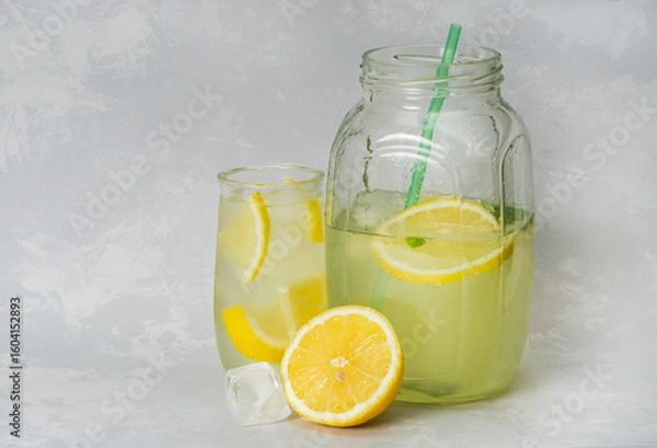 Fototapeta Homemade lemonade with lemon and mint in a glass jar and glass on a gray background. A refreshing summer drink. Ingredients for lemonade
