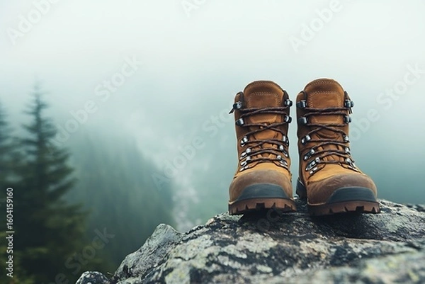 Fototapeta Hiking boots perched a rocky cliff edge fog in the background no human no labelling no logo