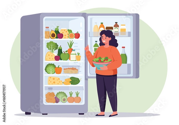 Fototapeta A woman stands in front of an open refrigerator, holding a bowl of salad, surrounded by fresh produce and food items.