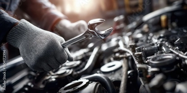Obraz The mechanic holding a wrench while repairing an engine in a workshop