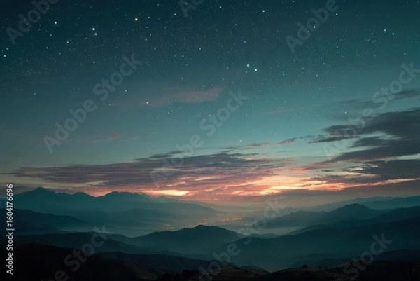 Fototapeta Mountain sunrise with fog and stars. Background for a travel, or spiritual site