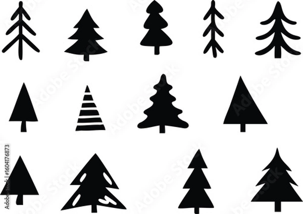 Obraz Black and White Illustration Collection of Ten Simple, Stylized Christmas Trees