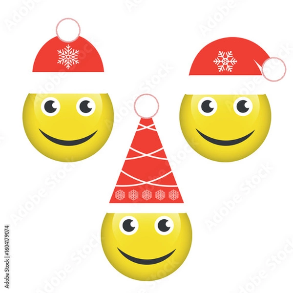 Fototapeta Merry Christmas and Happy New Year illustration. Yellow smileys in a New Year's hat on a white background