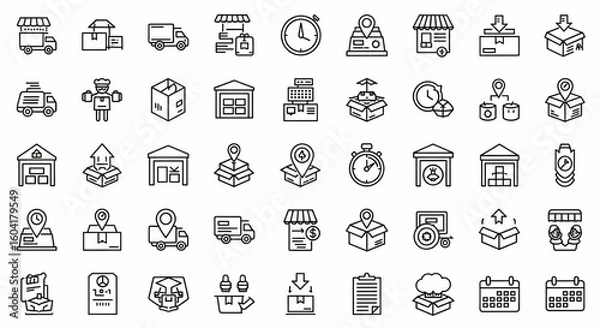 Fototapeta Shipping Fulfillment & Trust Line Icon Set – Delivery, Logistics, Packaging, Warehouse, Tracking, Pickup, Stopwatch, Calendar Vector

