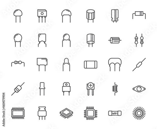 Fototapeta Simple outline set of circuit board equipment outline icon such capacitor, diode, transistor and inductor on white background, 48x48 pixel perfect editable stroke for website, mobile app, ux, ui