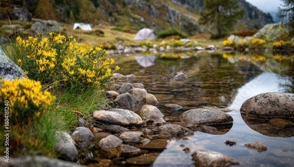 Fototapeta Calm alpine lake reflecting mountains, wildflowers, and a tent