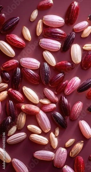 Obraz Colorful rice grains scattered on a maroon surface