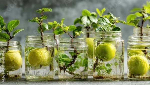 Obraz Several small potted plants in clear glass jars, rooted in water
