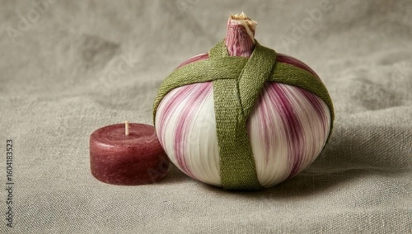 Fototapeta Wrapped garlic bulb next to a candle on linen