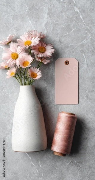 Fototapeta Pastel pink flowers in a white vase, a tag, and thread on a gray stone surface