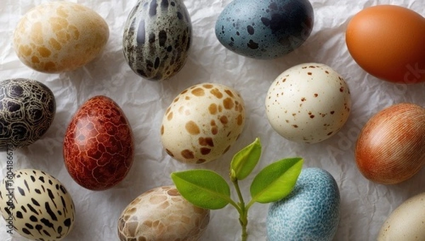 Fototapeta Colorful decorated eggs on crumpled paper, with a sprig of green leaves