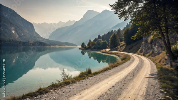 Fototapeta Lakeside Road in Mountainous Scenery: Winding along the tranquil shoreline of a serene lake, this image unveils a scenic road embraced by towering mountain peaks and lush trees.